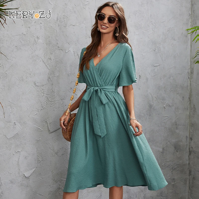 

KEBY ZJ Elegant Dresses for Women 2022 Summer Robe Vestido Clothes Solid Color Short Sleeve Chiffon Office Party Female Dress