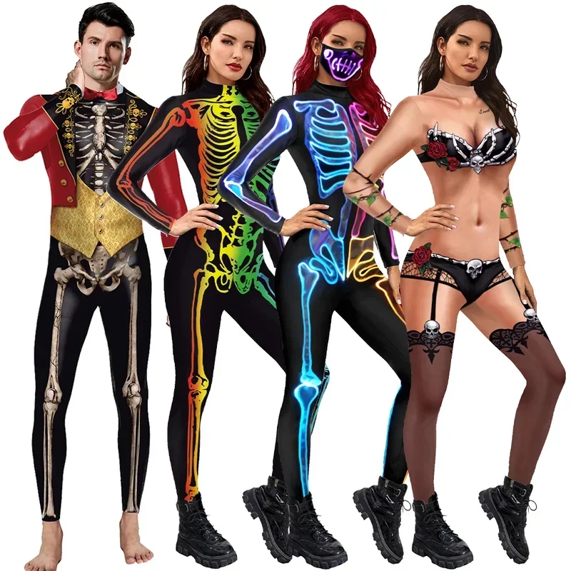 [You're My Secret] Women Skeleton Print Jumpsuits Purim Cosplay Costume Zentai Fitness Bodysuit Halloween Party Streetwear