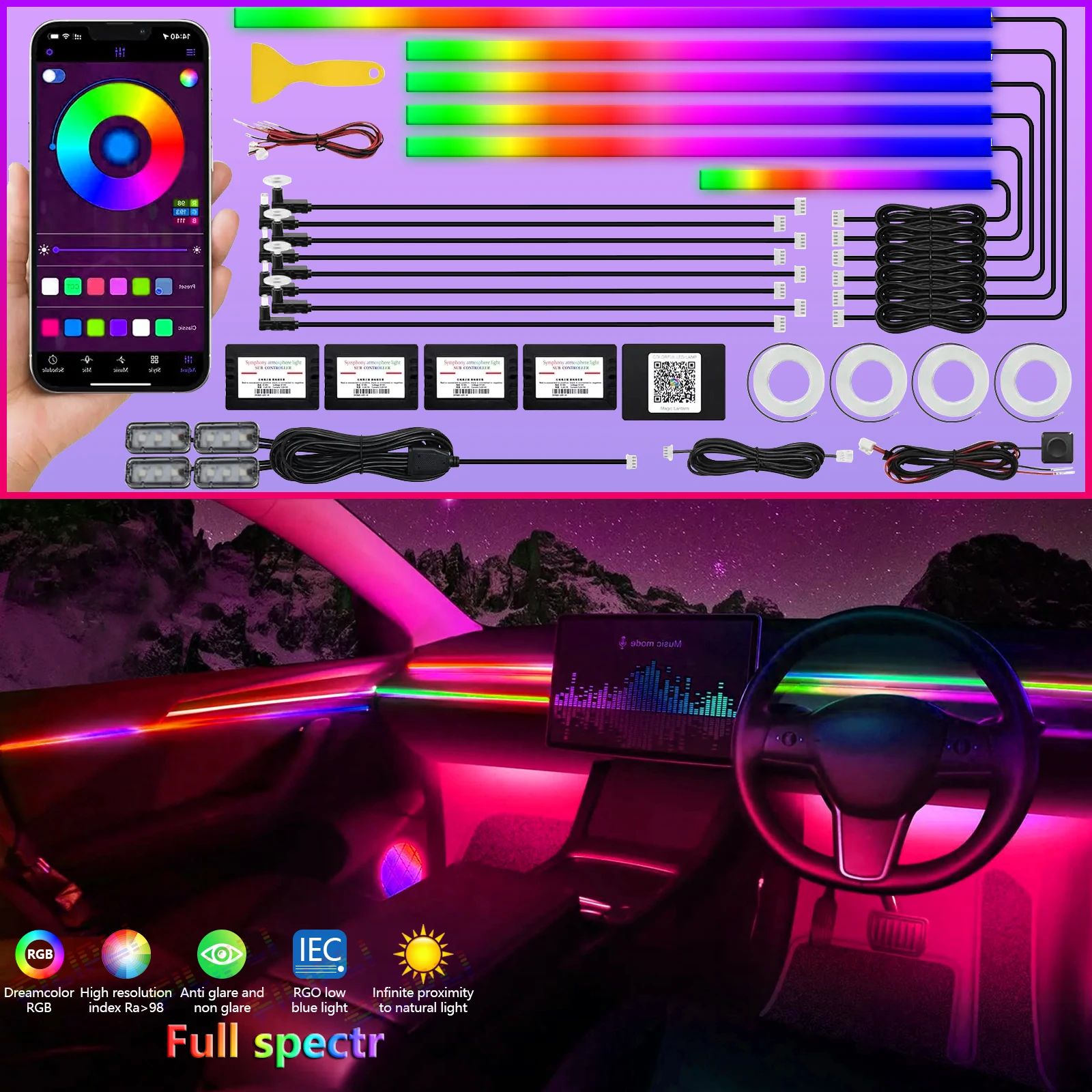 18 In 1 Full RGB 64 213 Colors Streamer Car LED Interior Ambient Lights Universal Hidden Acrylic Strip Symphony Atmosphere Lamp