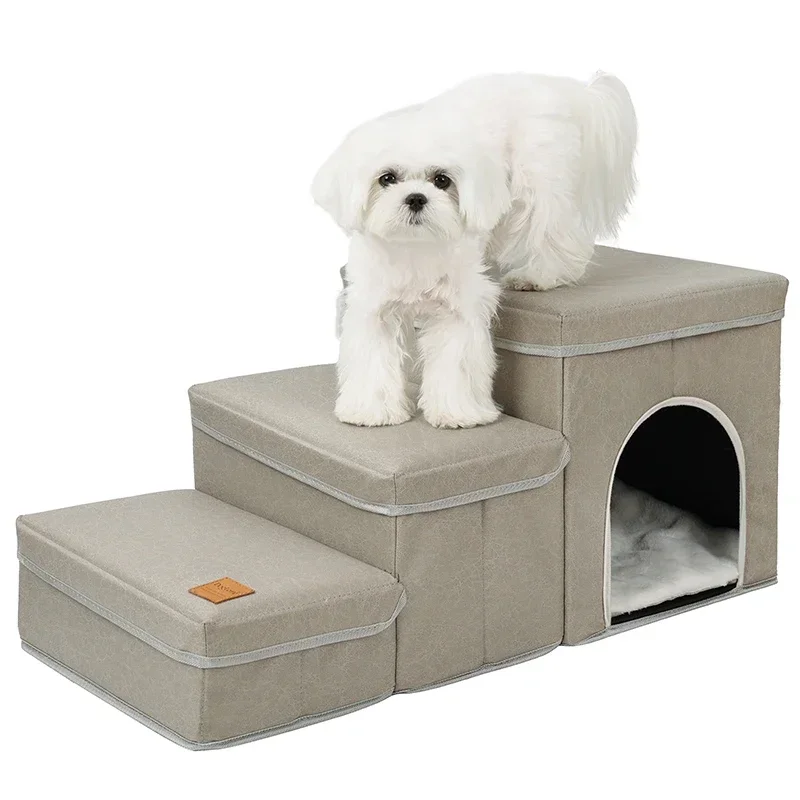 2-in-1 Large Capacity Puppy Dog Stairs Ramp with Storage Box High Climbing Pet Furniture Leather Material with Print Pattern