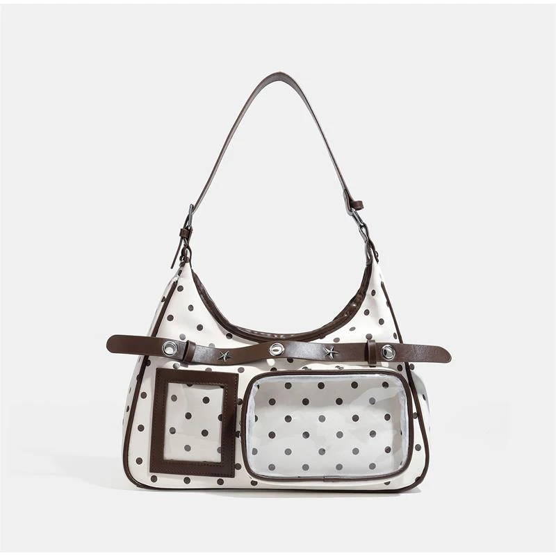 Polka Dot Ita Bag mit transparentem Sichtfenster, Damen-Schultertasche mit Patchwork-Gürtelschnalle, süße, niedliche, lässige Alltagstasche – Detail 9