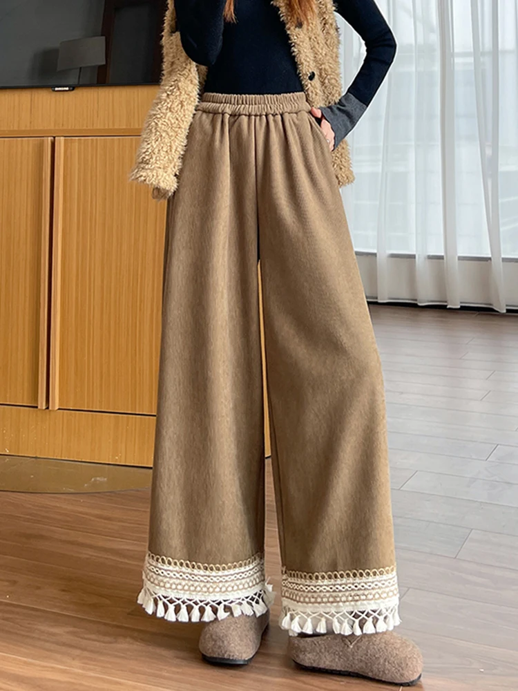 

High Waist Fce Lined Corduroy Wide Leg Pants Women's Sweet Casual Tassel Decorated Straight Cut Pants Korean Sle