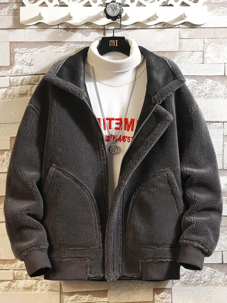 

Мужская двусторонняя куртка из овечьей шерсти, зимнее утепленное замшевое пальто, теплое молодежное свободное пальто на молнии