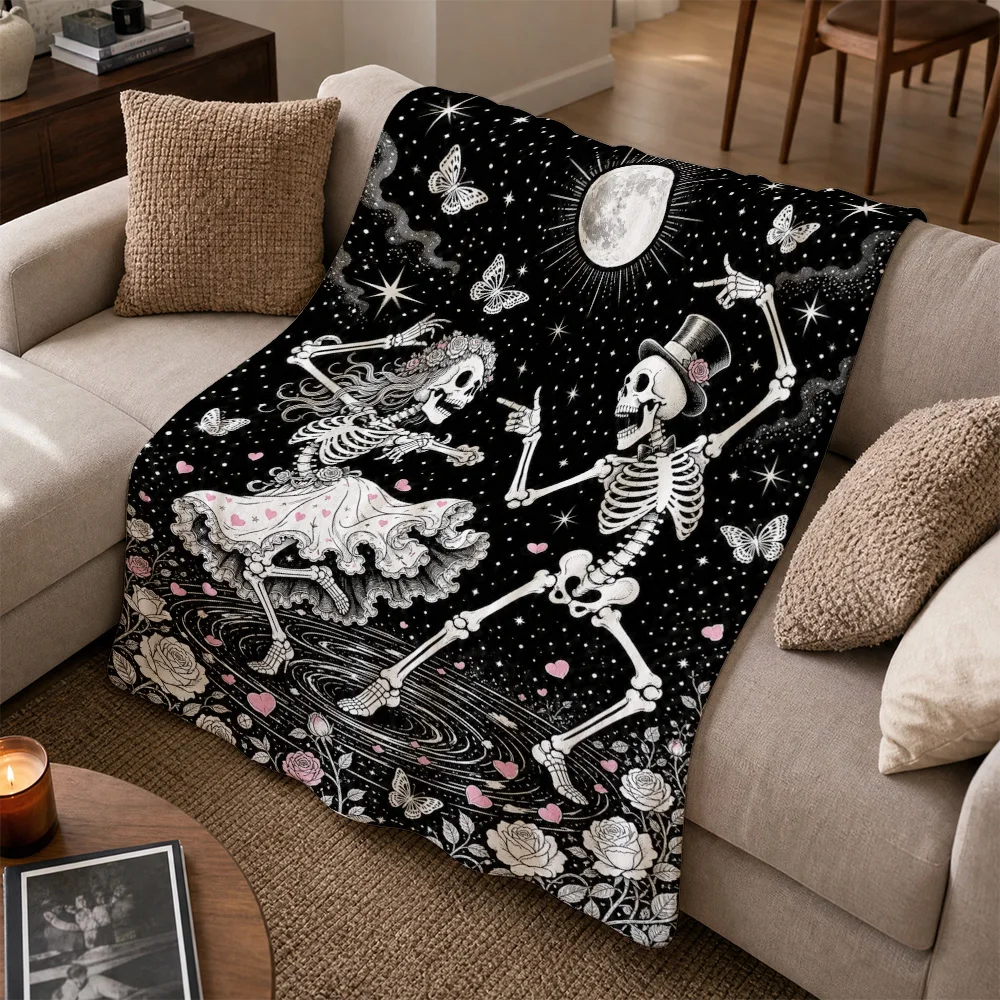 Spooky Gothic Skeleton Moon Throw Blanket for Halloween Decor Witchy Starry Night Cozy Sofa Throw