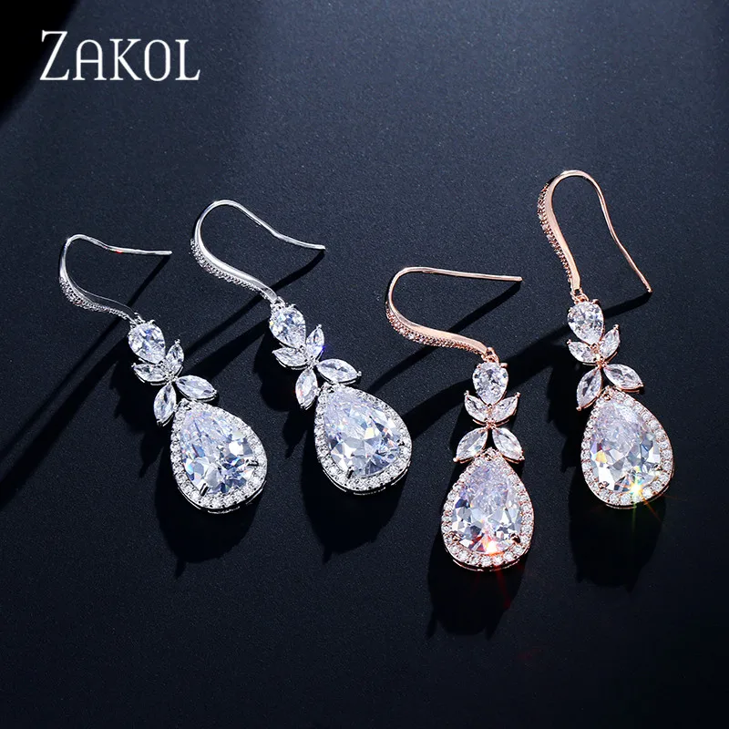 ZAKOL Shinny Water Drop Zirconia Leaf Hook Earrings for Women White Dangle Earrings Fashion Bridal Wedding Jewelry