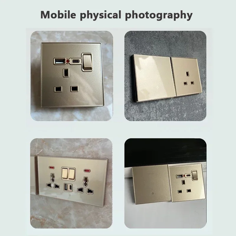 Deluxe Gold Tempered Glass Universal Dual power outlet,UK 13A Wall plug socket with 20W Fast charge,Home Electrical Light Switch image 6