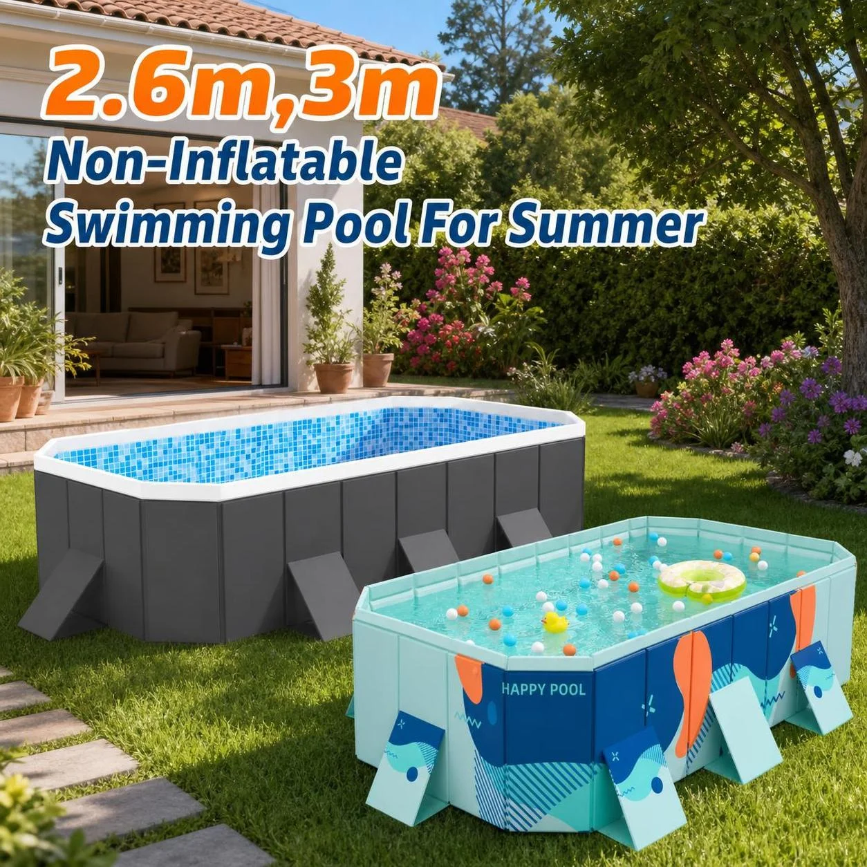 2.6m 3m PVC Non-Inflatable Summer Swimming Pool For Family Home Outdoor Garden Backyard Foldable Water Sports Party Pools Bathtub