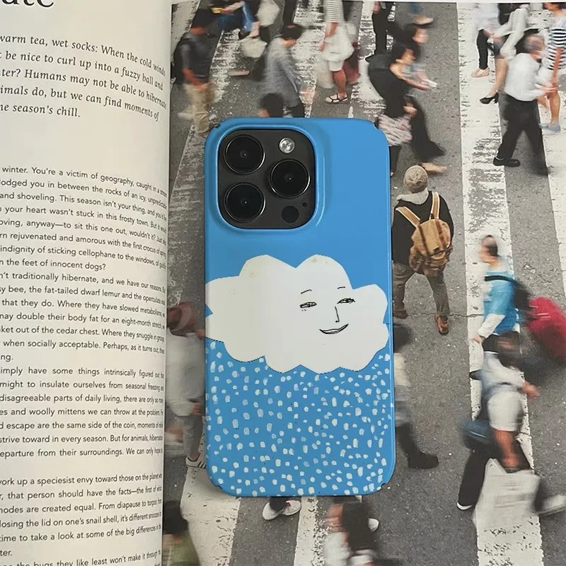 Blue Smiling Face Clouds Raindrops Phone Case for IPhone 14 13 Pro Max 12 11 Pro 16 Plus XR Protection Ultra Thin Acrylic Cover