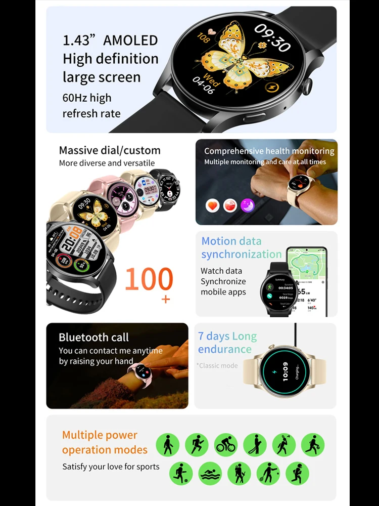 Smart Watch 1.43-inch Large Screen Bluetooth Call Music Player Sports Fitness Tracker Health Monitor Outdoor Smart Watch Unisex