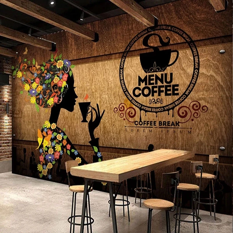 Custom Wallpaper 3D Retro Coffee Shop Figure Flower Mural Modern Creative Restaurant Cafe Living room TV background restaurant