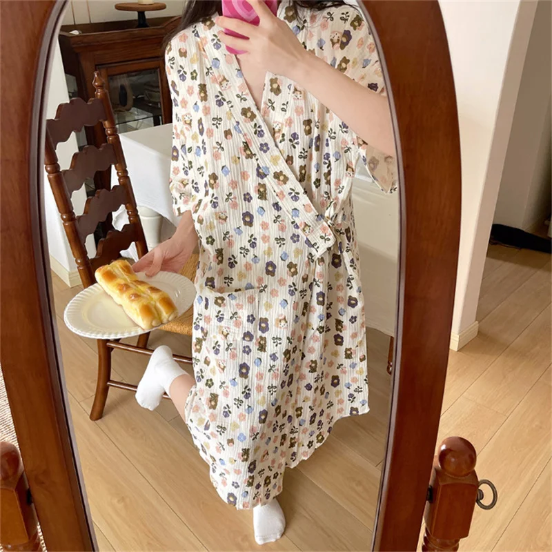 Large Size Night Wear Woman Cotton Night Dress Loose Half Sleeve Length Kimono Robe Women Dressing Gowns Home Ladies Bathrobe