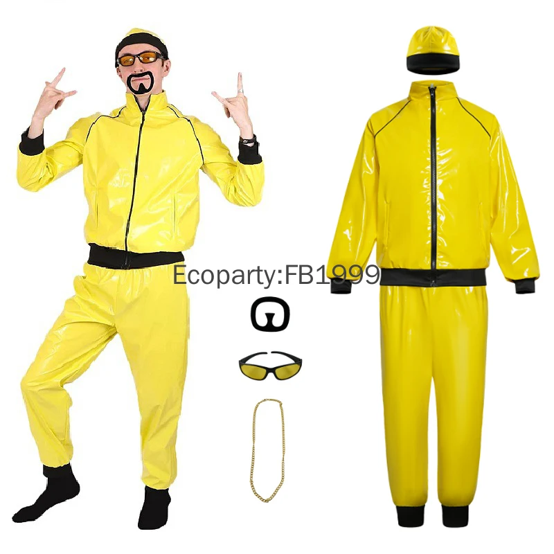 Men's Halloween Retro Disco Costume 80s Yellow Shiny Patent Leather Hippy Cosplay Costumes With Hat Accessories Party Outfits