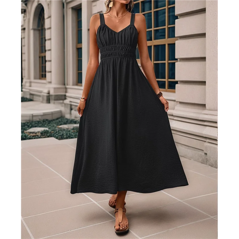 TEXU ผู้หญิง Smocked Maxi Dresses 2025 ฤดูร้อน Beach Sundress Casual สปาเก็ตตี้สายคล้อง Swing ยาว Flowy Dress