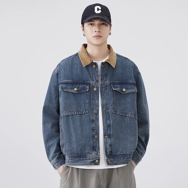 

Men Japanese Streetwear Fashion Loose Casual Splice Corduroy Collar Vintage Denim Cargo Jacket Cityboy Spring Autumn Jeans Coat