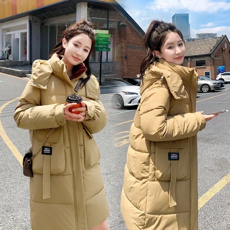 Foreign Trade European American Knee Length Down Cotton Jacket for Women Black Hooded Warm Outerwear Ladies Coats Female Parkas