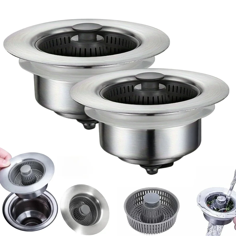 

1/2pcs Clog-Free Sink Strainer Basket, 3-in-1 with One-Touch Pop-Up Core, Universal Size Easy Install Drain Filter,Sink Strainer