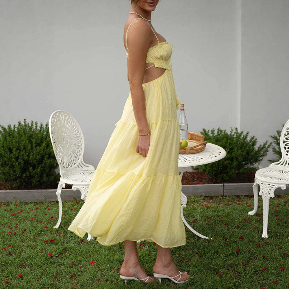 韓国風 シンプル カットアウト ノースリーブ スクエアネック ミディ丈 カジュアル シフトワンピース レディース 夏