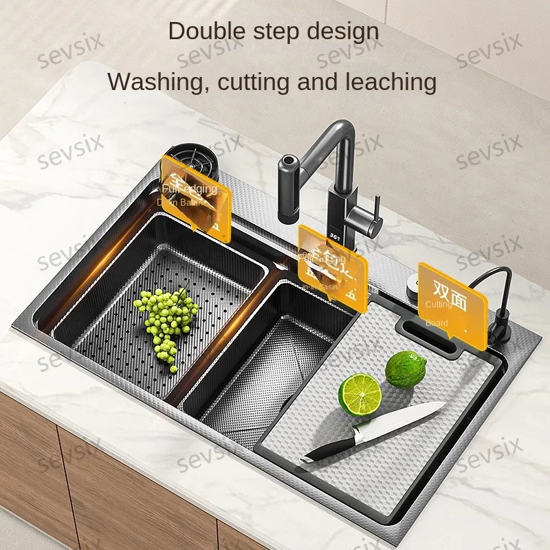 Hot selling Stainless Steel Waterfall Kitchen Sink With Knife Holder Digital Display Faucet Set Embossed Extra Large Single Slot