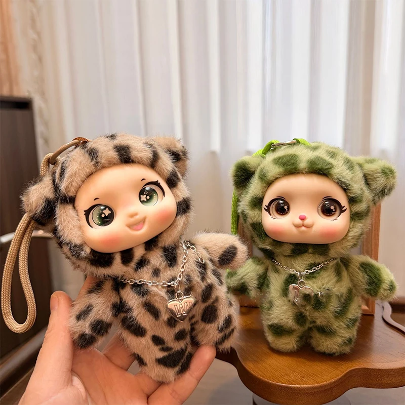SXH Boneca de Pelúcia com Rosto de Vinil de Olhos Grandes da Série Leopardo de Desenho Animado Fofo, Pingente para Decoração de Mochila, Presentes