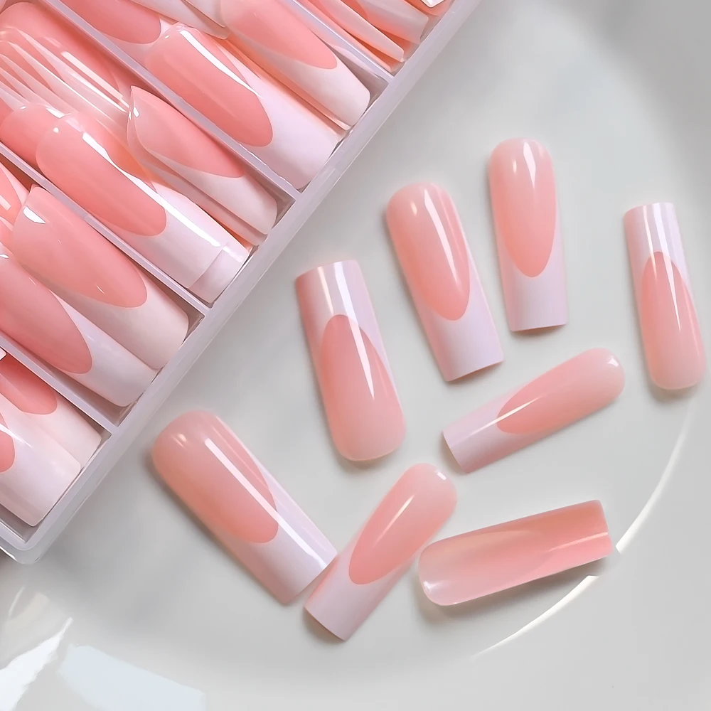 240pcs Oily Sheen Long Square French False Nails High Gloss Pink Wide White-tipped Press On Nails Full Cover Square Fake Nails