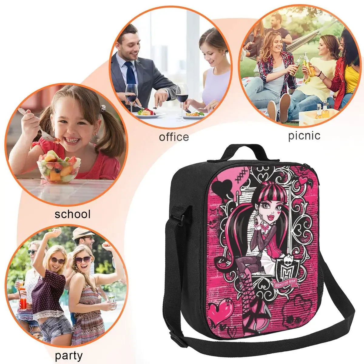 Draculaura Heart Lunch Bag Monster High Cartoon Travel Lunch Box For Men Fashion Print Tote Food Bags Oxford Cooler Bag