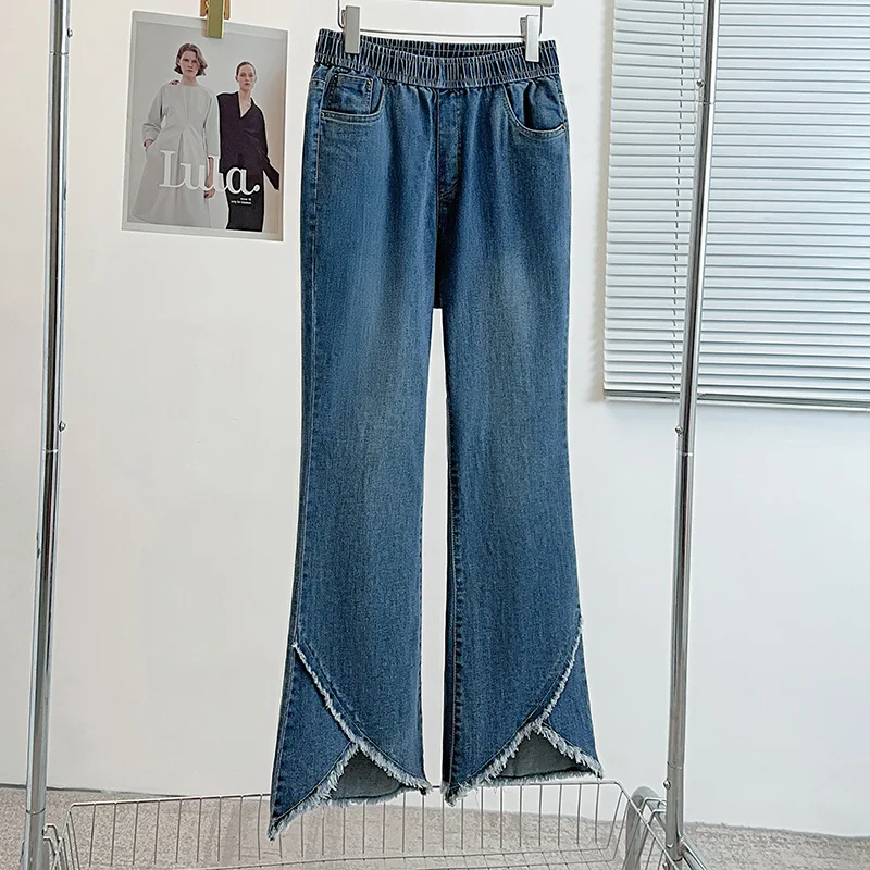 

Spring Autumn Women 9XL Flared Jeans Elastic Waist Blue Tassel Slit Denim Pants American Casual Fashion Plus Size Trousers