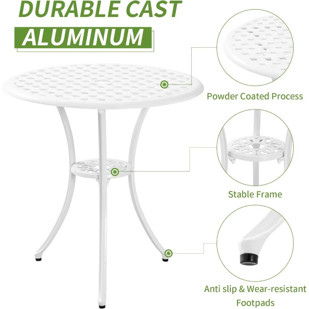 Patio Bistro Set 3 Piece with Umbrella Hole, Outdoor Bistro Table and Chairs Set of 2, Patio Bistro Set 3 Piece white