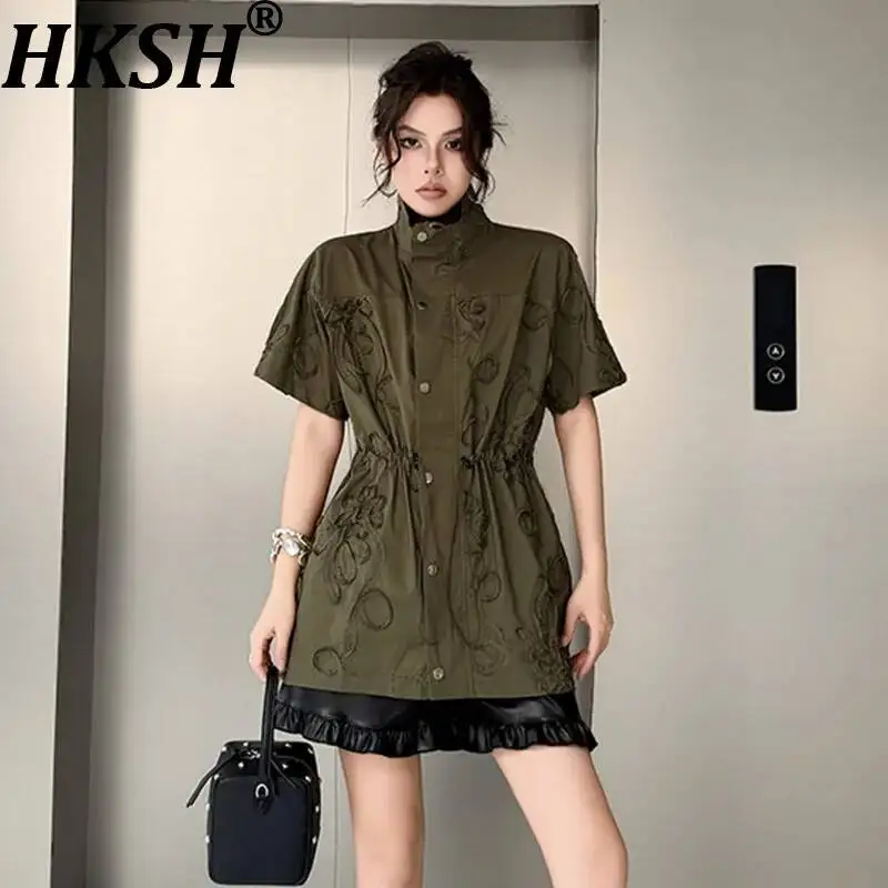 

HKSH Women Short Sleeve Shirt Elegant Niche 3D Floral Drawstring Design Trend Stand Collar Single Breasted Blouse Summer HK23684