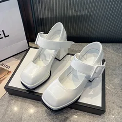 Women Mary Jane High Heels Square Toe Thick Heel Shallow Buckle Fashion Shoes Casual Comfortable Sweet Versatile