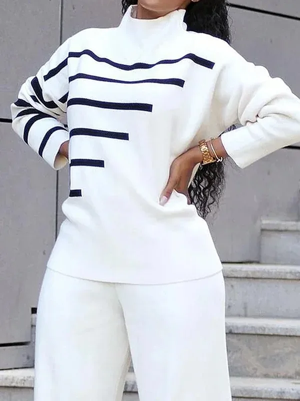 Modigirl Frau 2-teiliges Set Outfit 2025 Herbst Winter Gestreifter Langarmpullover Weites Bein Lange Hosen Lässige weiße Outfits Frau