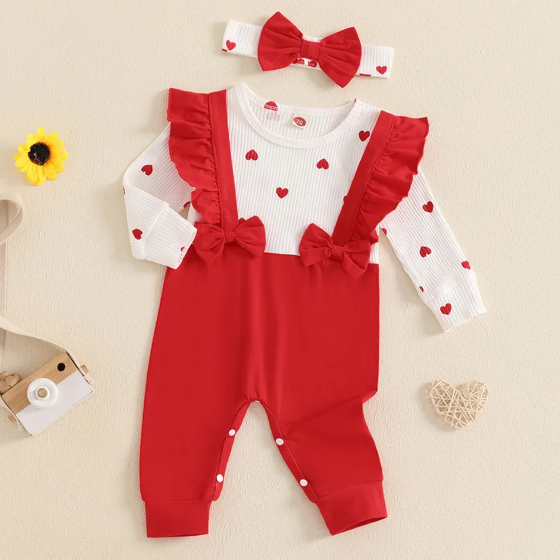 0 to 18 Months Baby Girl Romper Spring Autumn Clothes Heart Print Fake Two Piece Long Sleeve Ruffled Jumpsuit with Bow