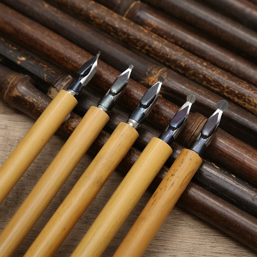 5 pcs/set Natural Bamboo Pen Tip Stainless Steel Pen Tip suit Gothic Font Round Body Flower English Text Writing Tool Best Choic