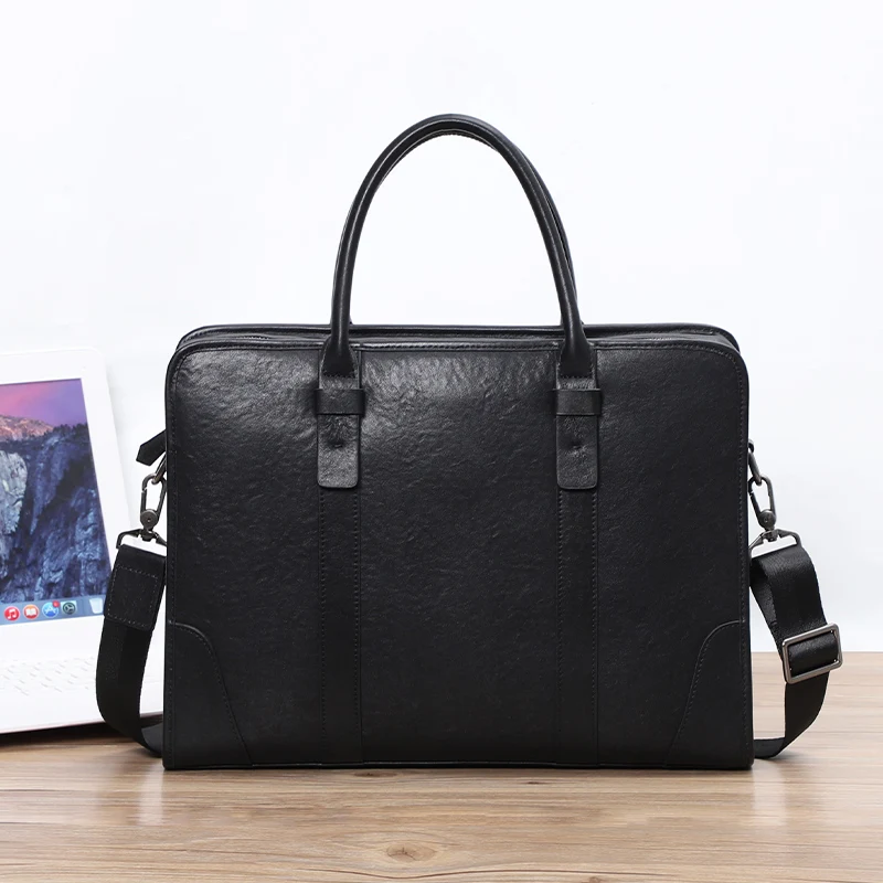 Sac à main en cuir véritable pour ordinateur portable pour homme, sac fourre-tout monochrome, sac de bureau pour homme, étui à bombes, sac initié, noir, marque