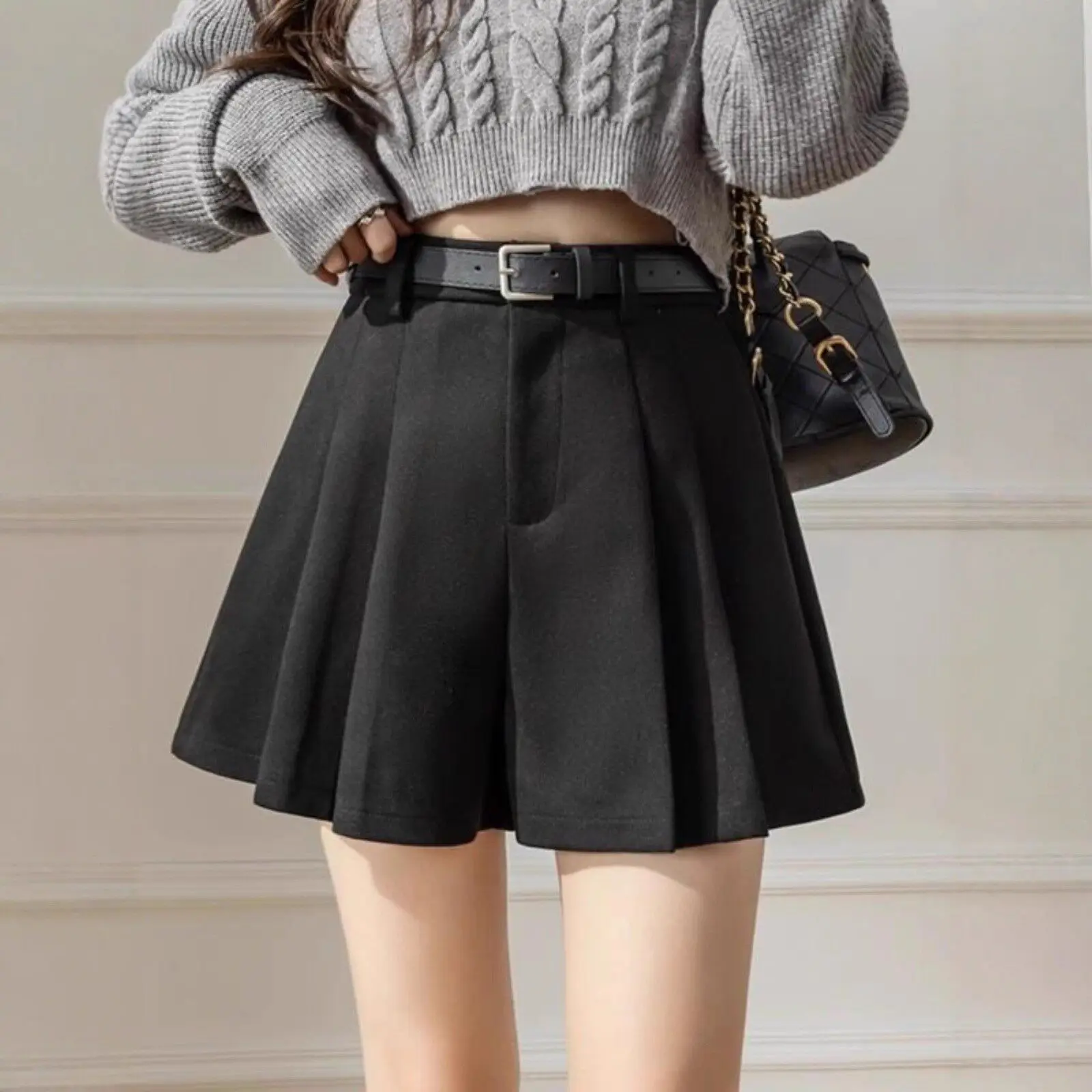 Hong Kong Style Woolen Wide Leg Short Pants Women's New Style Spring Autumn High Waist Slimming Simple Comfortable Pleated Ca...