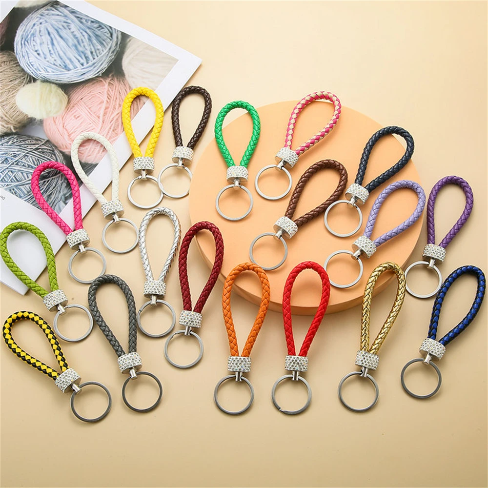 Fashion PU Leather Woven Keychain Glitter Rhinestones Braided Rope Keyring For Men Women Car Key Holder Charms Accessories Gifts