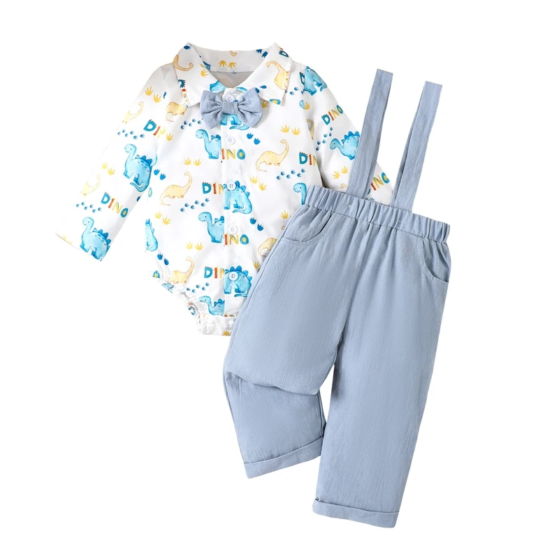 

Baby Boy Gentleman Outfit Dinosaur Ghost Print Long Sleeve Lapel Button Romper with Suspender Pants Set