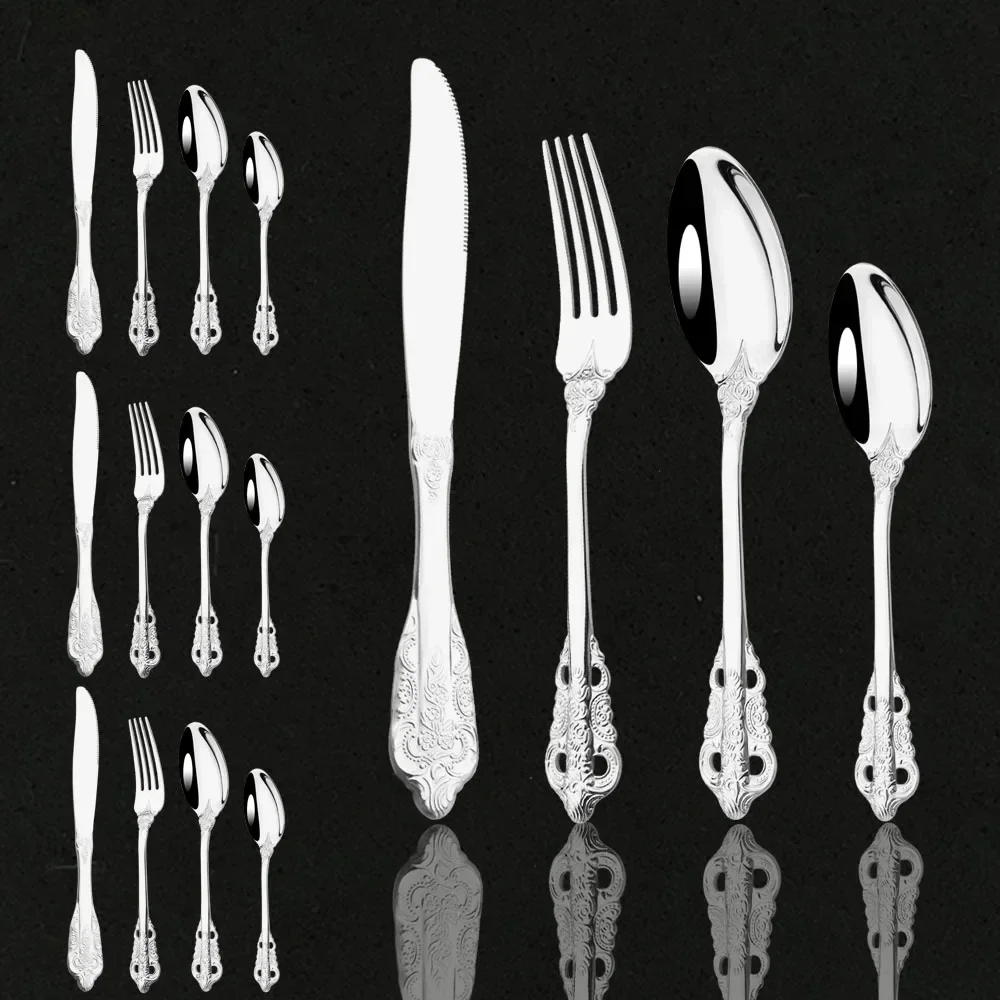 

4People Retro Embossed Palace Series Dinnerware Stainless Steel Tableware Set Blue Dinner Knife Fork Meal Spoon Cutlery Flatware