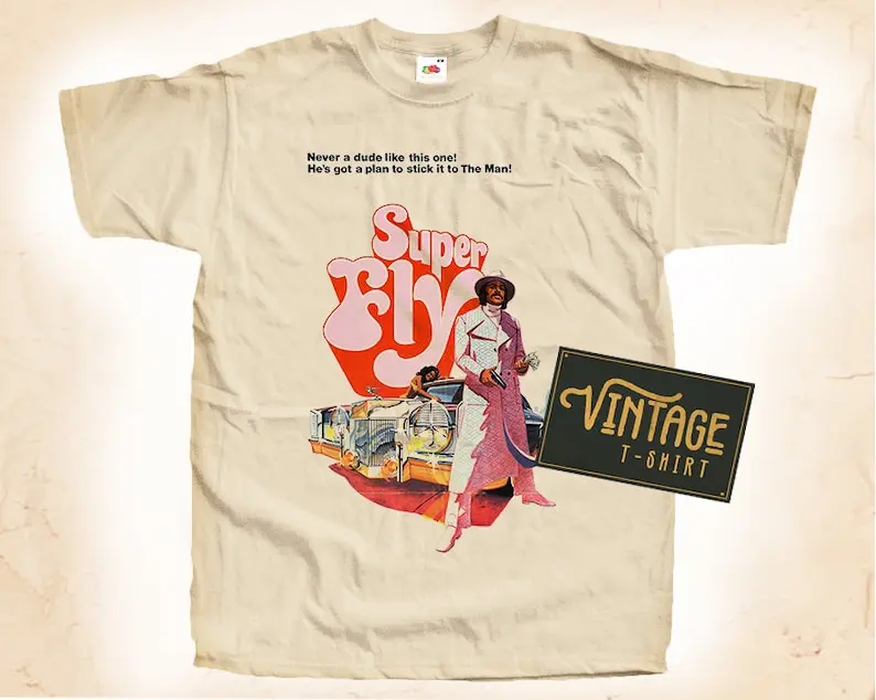 

Super Fly T shirt Tee Natural Vintage Cotton Movie Poster Beige All Sizes