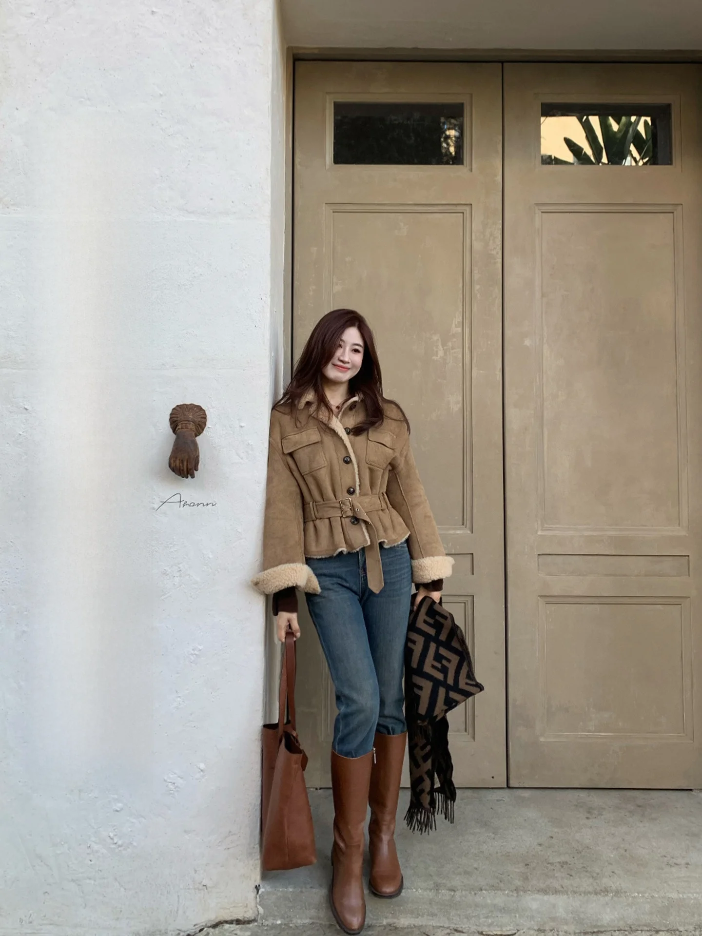 

one Warm Full Wool Belted ort Coat Double ket Fur Leather Inteated Autumn Winter Women's Casual Sle Long Sve Top