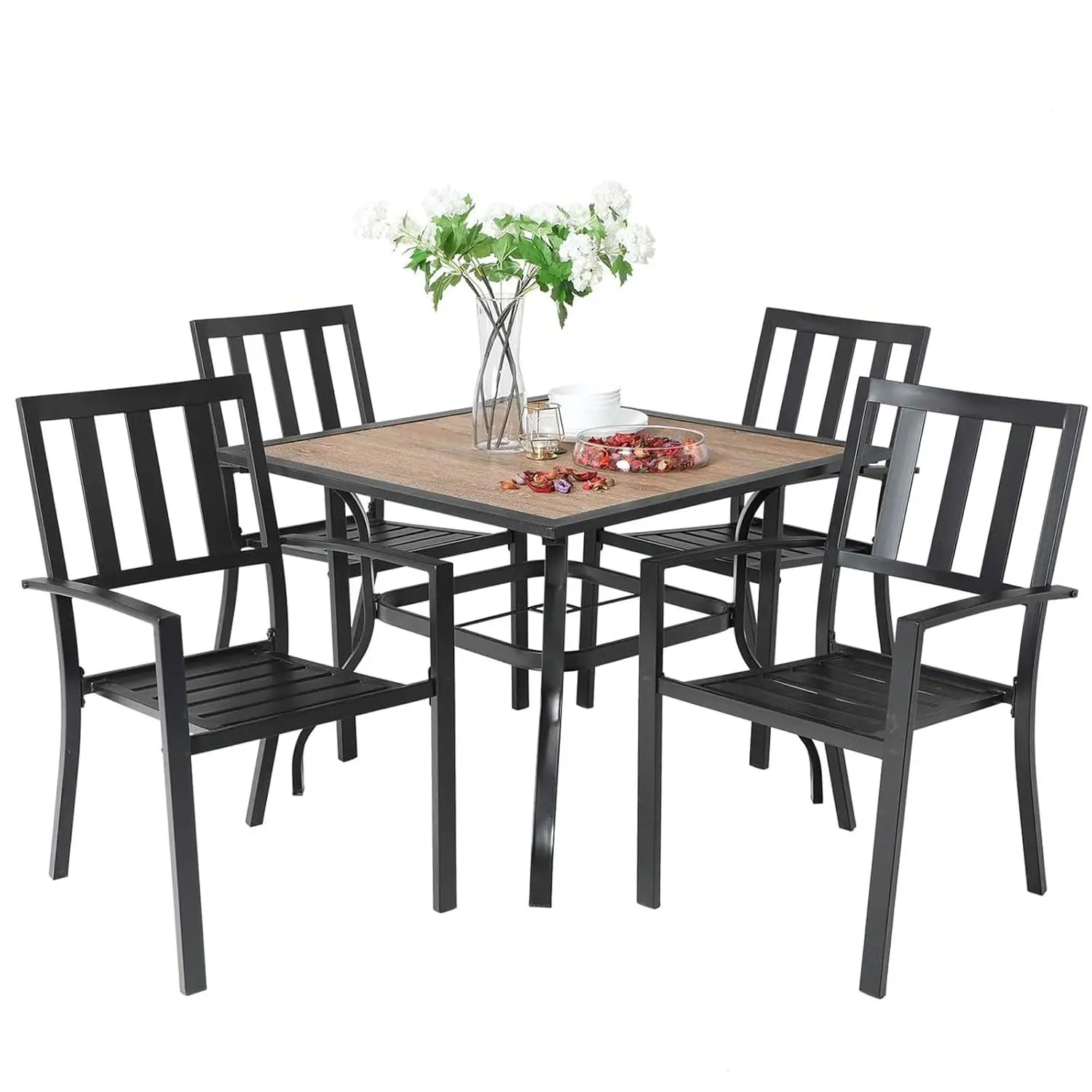

37" Square Metal Outdoor Dining Set for 4, 5 Piece Patio Table & Chairs with Wood-Look Stripe Top, Customized
