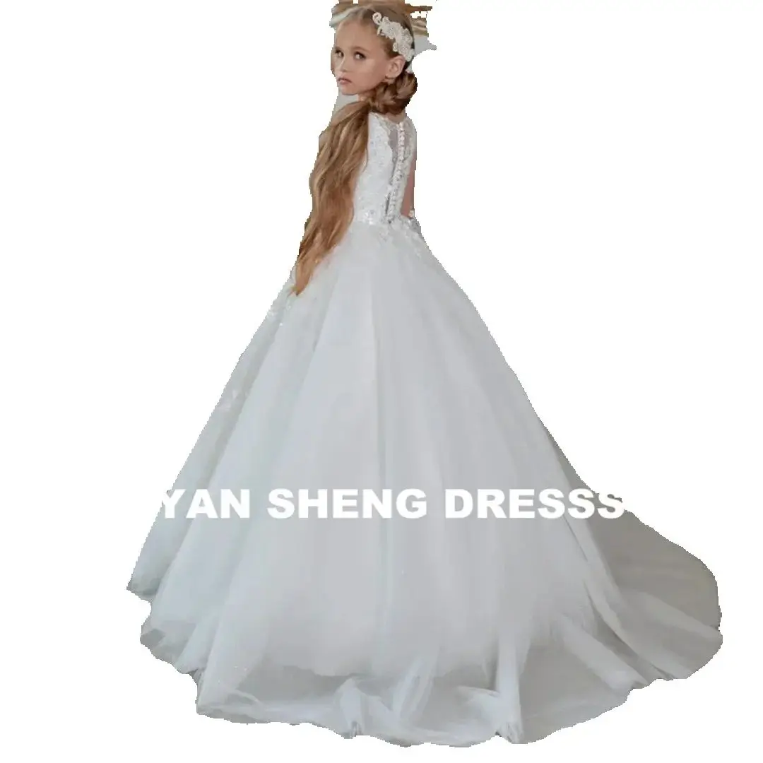 Customized White Tulle Flower Girl Dress with Embroidery Appliques Long Sleeve for Wedding Birthday Party Banquet
