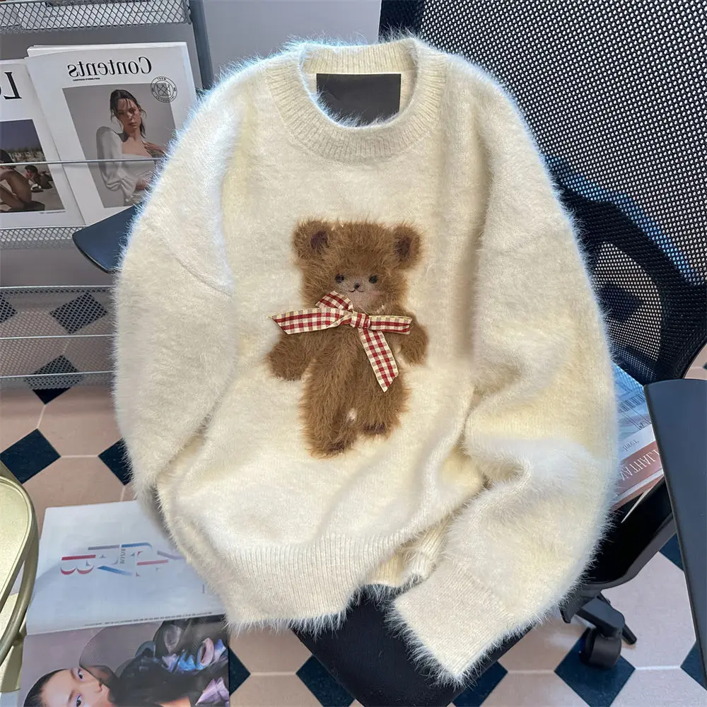 Maglione con stampa orso carino 2025 Autunno Inverno Mohair Top in maglia Coquette Capispalla moda unisex in peluche estetico