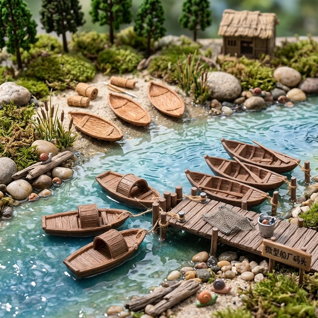 9pcs Random Miniature Model Boat Figurine Set, Rustic Miniature Rowboat Ornaments for Garden Sand Tray Accessories