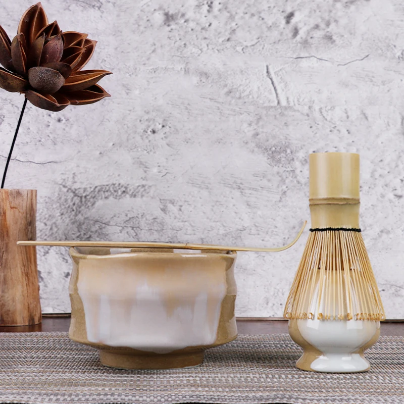 วินเทจญี่ปุ่นพิธีชงชา Matcha ชุด 4 ชิ้น Premium Matcha Starter Kit ไม้ไผ่ Whisk & ชามเซรามิคชุดของขวัญกล่องเป็นมิตรกับสิ่งแวดล้อม