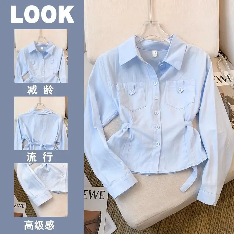 

Polo Collar Short Long Sleeve Autumn Pure Cotton French Unique Chic Small Waist White Shirt Top for Women