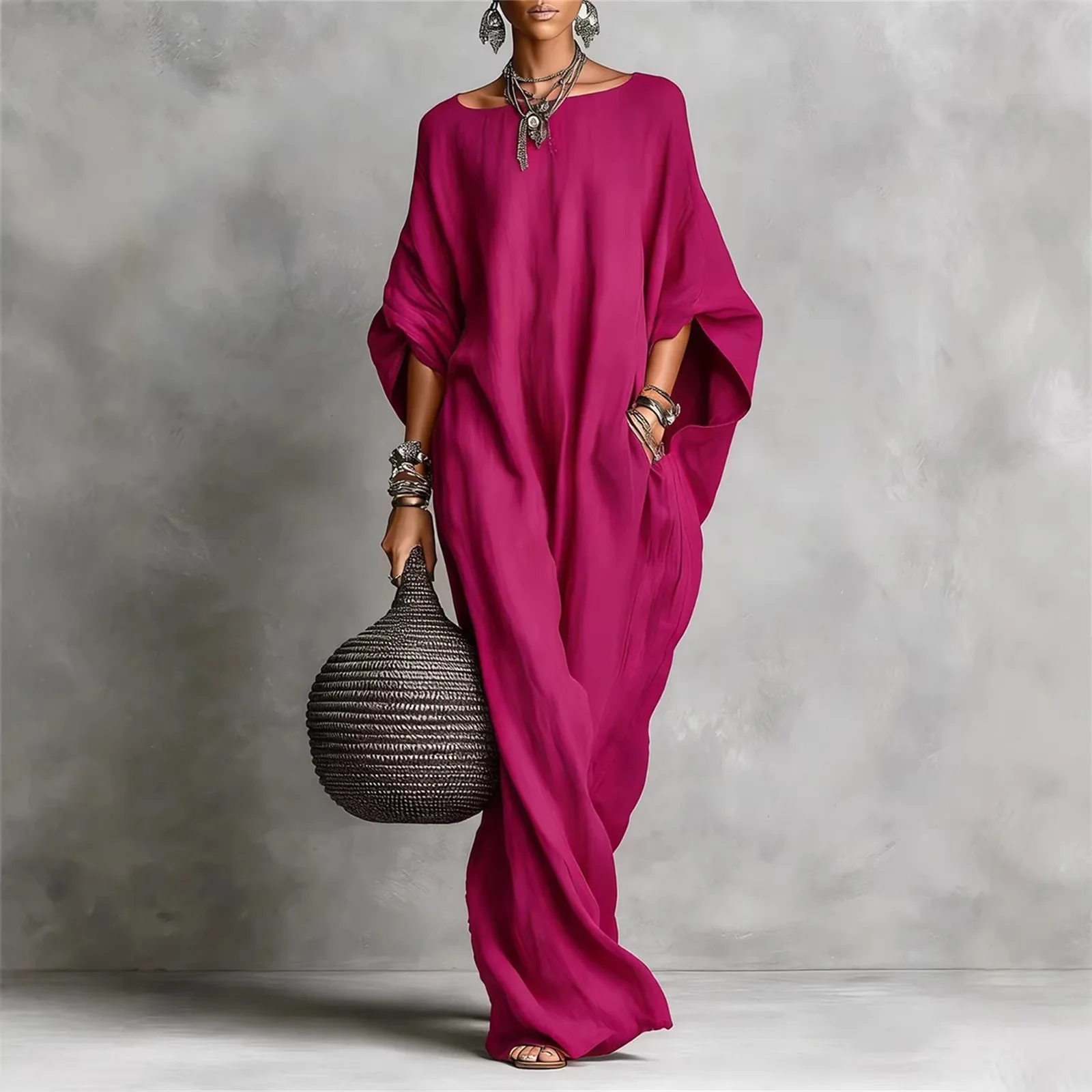 2026  cross-border women's clothing European and American solid color temperament long-sleeved one-line collar long casual - view 5