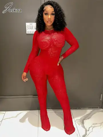 Joskaa Red Lace Two Piece Set Women Sexy See Through Long Sleeve Bodysuit and Flared Pants Matching 2023 Midnight Club Outfits