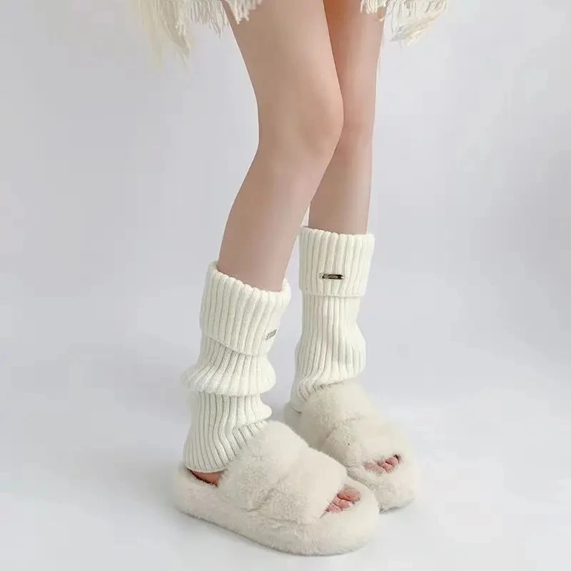 Leg Warmers Woman Autumn and Winter Knit Thick Warm Girls Lolita Socks Metal nameplate White Black Loose Leg Warmers