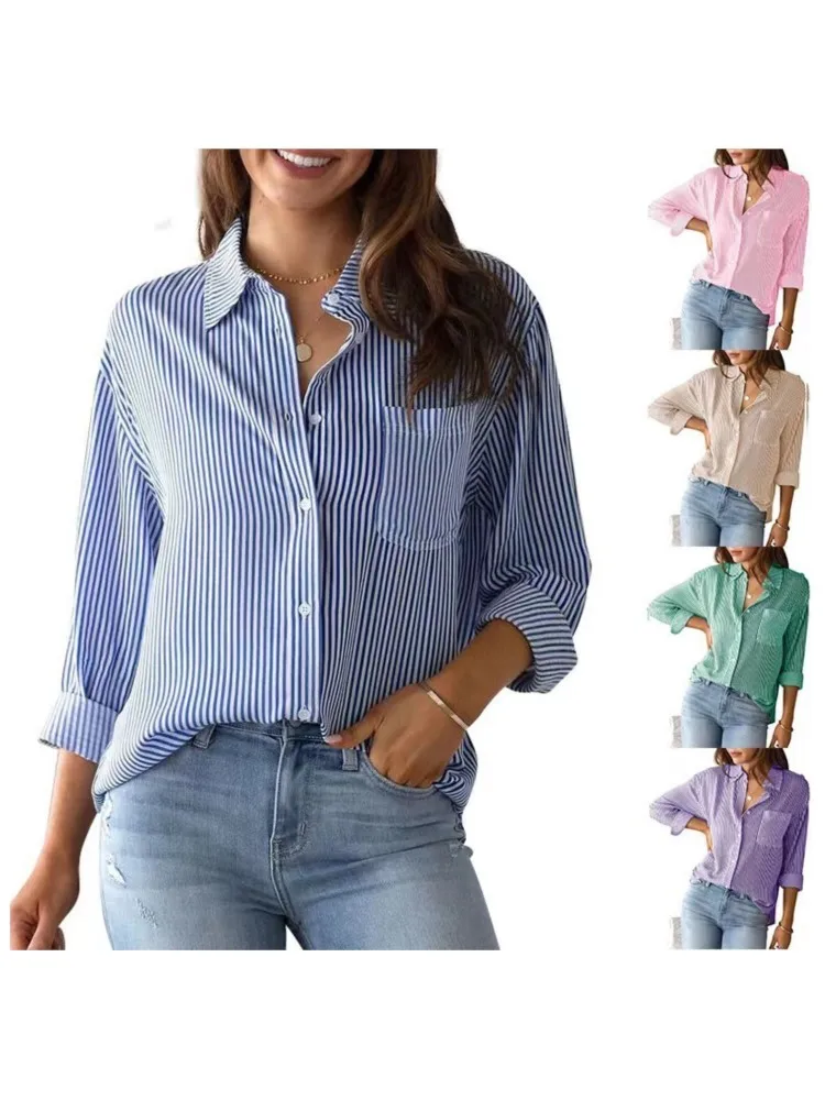 Camisa de manga larga a rayas clásica para mujer, Top elegante con bolsillo de solapa, botonadura única, ropa de oficina, Otoño, 2024