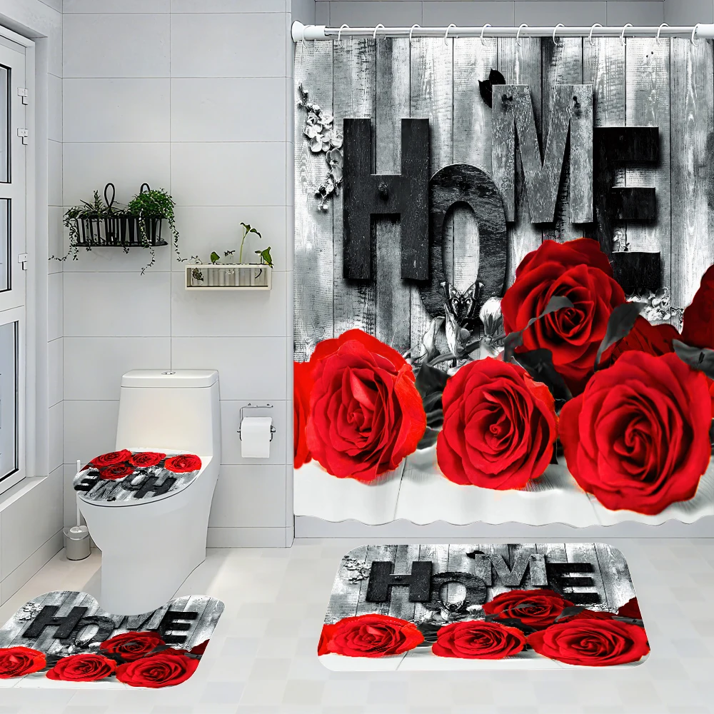 

Rose Bathroom Four-piece Set - Avant-garde Waterproof Shower Curtain, creating a complete bathroom kit